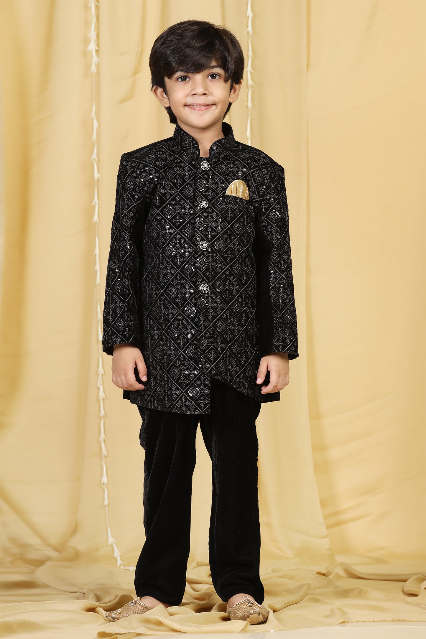 Kids Boys Black Embroidered Velvet Sherwani