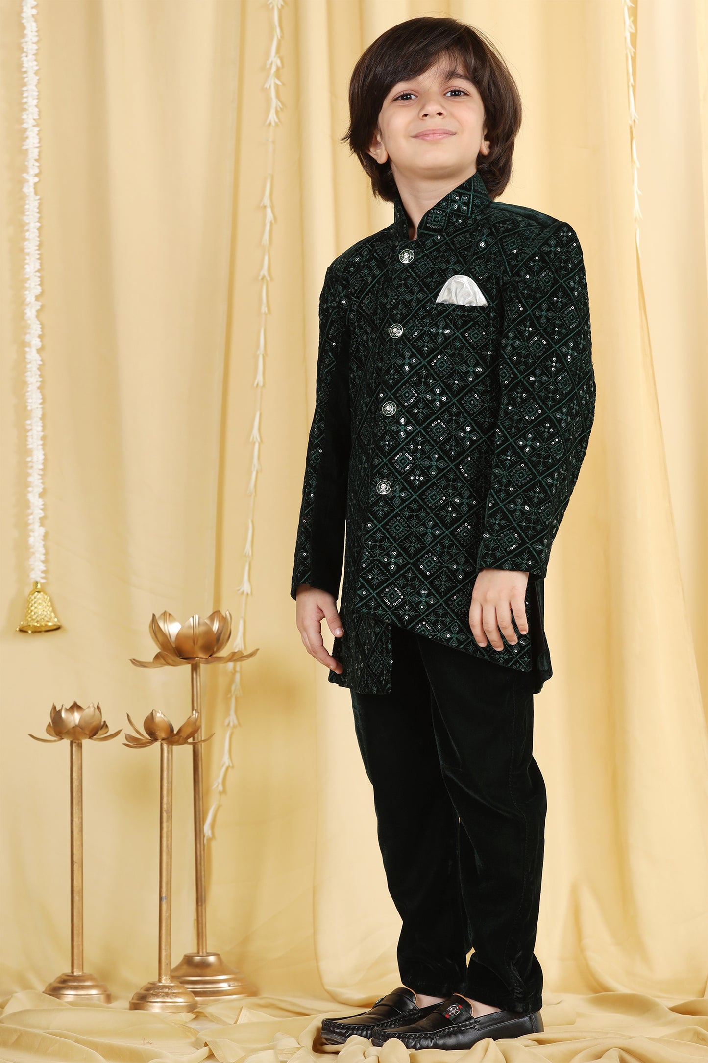 Kids Boys Green Embroidered Velvet Sherwani