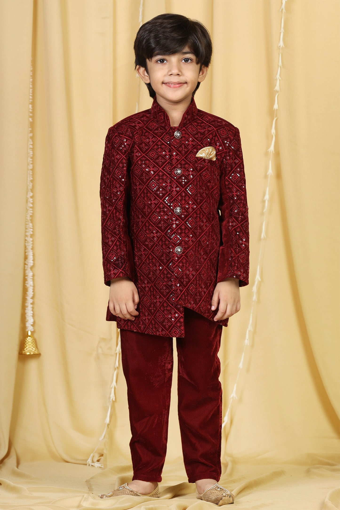 Boys Maroon Embroidered Velvet Sherwani for Kids