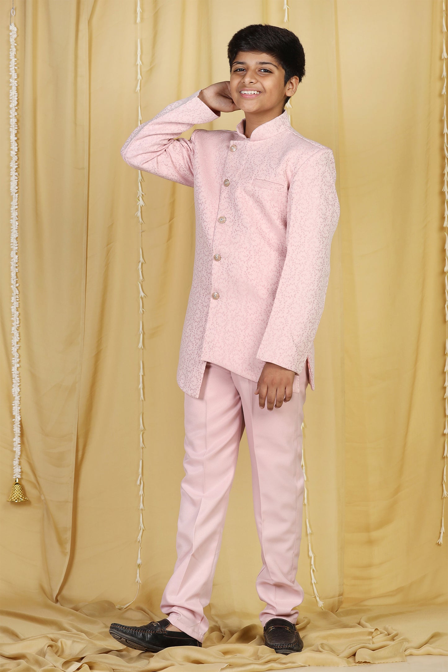 Kids Boys Pink Printed Polyester Cotton Sherwani