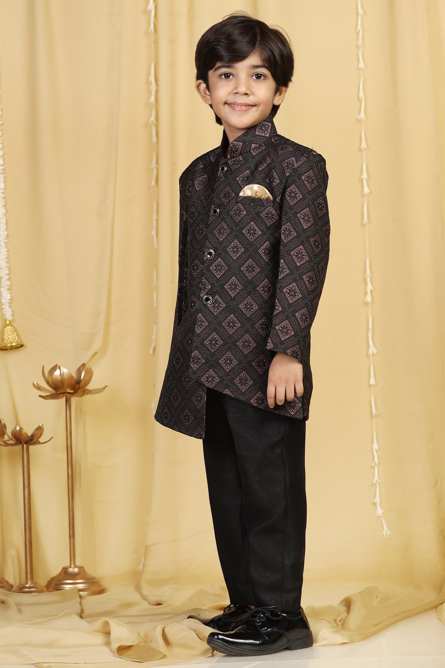 Kids Boys Purple Jacquard Polyester Sherwani