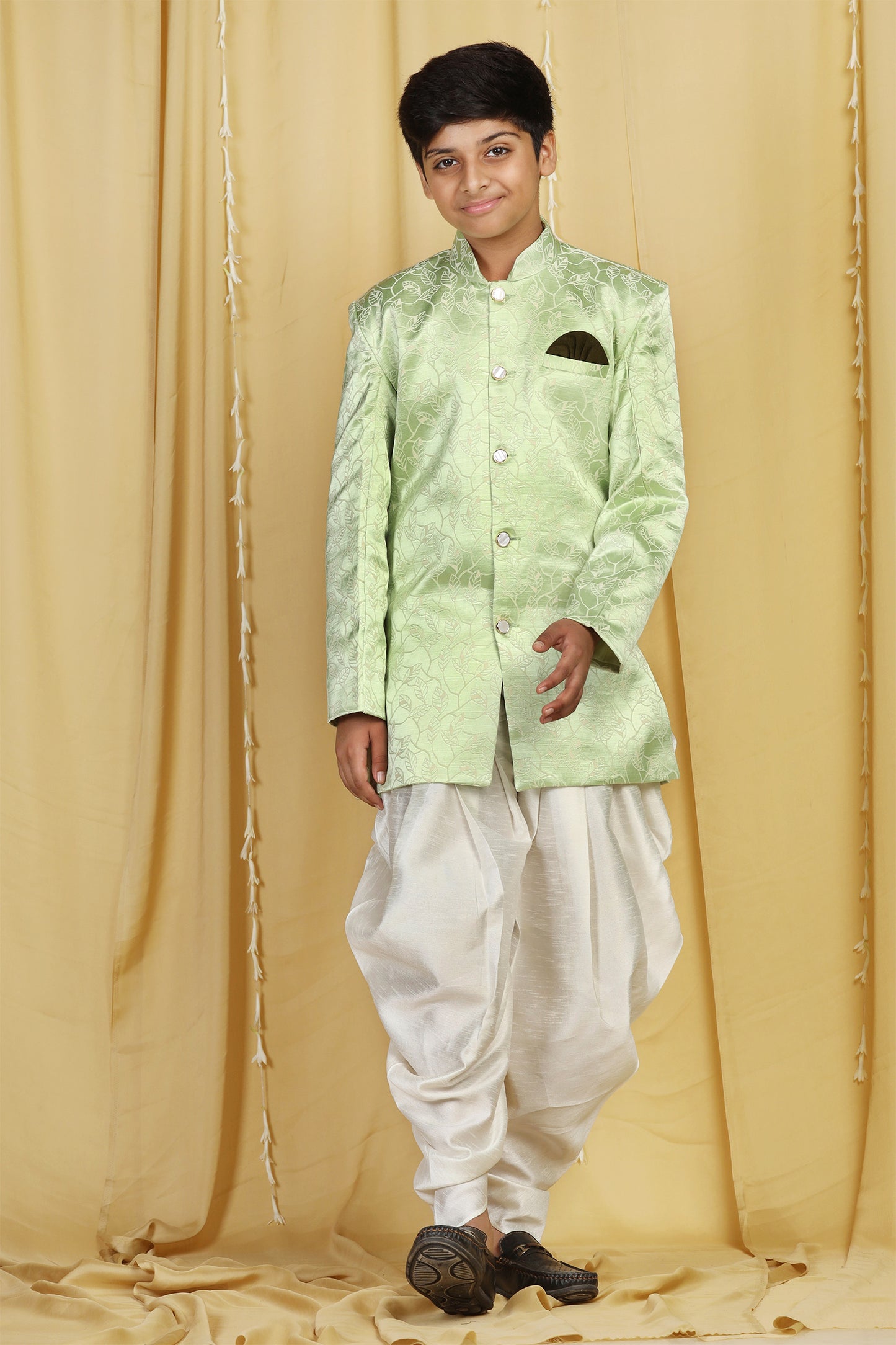 Kids Boys Green Jacquard Polyester Blend Sherwani