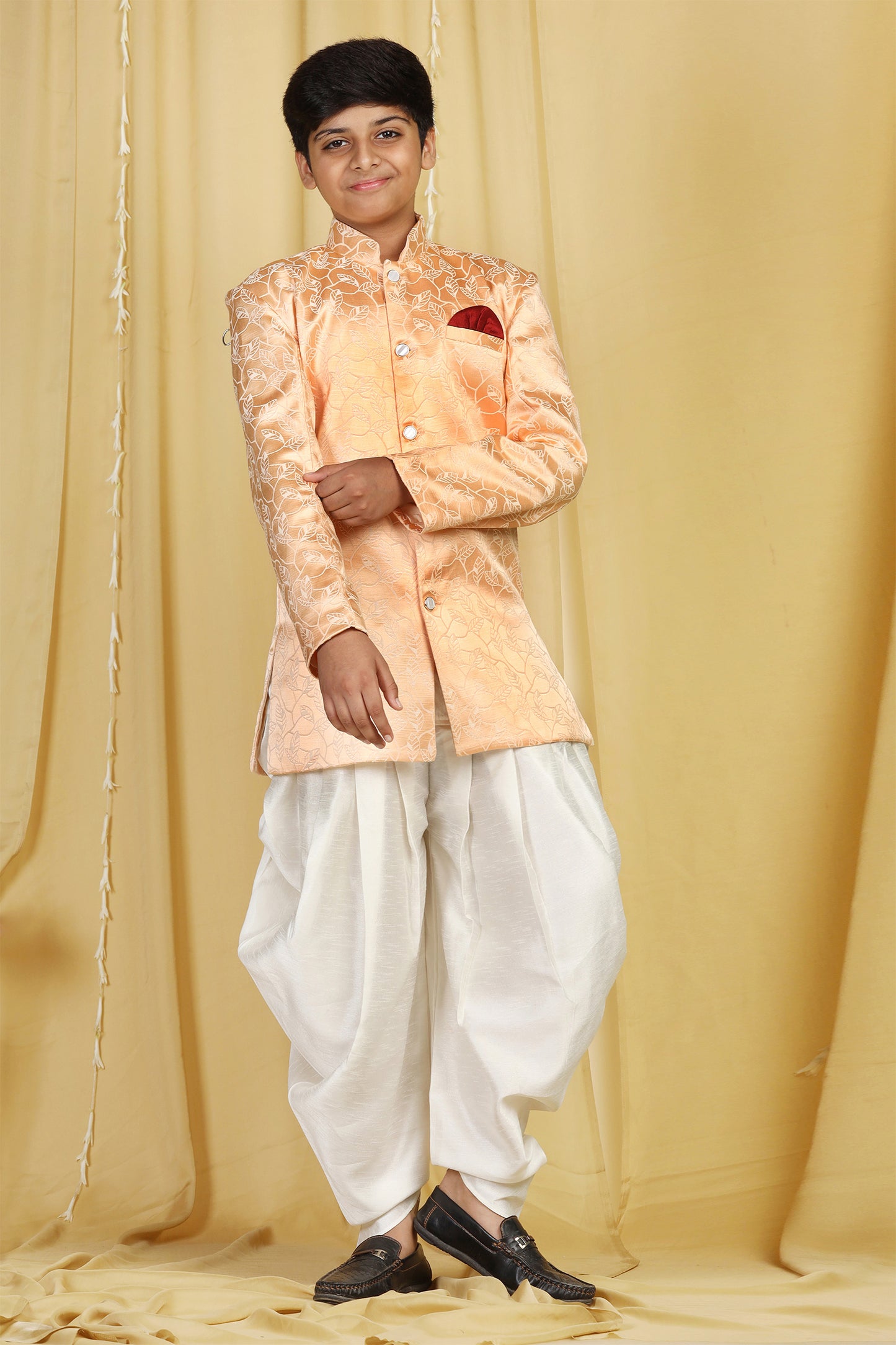 Kids Boys Peach Jacquard Polyester Blend Sherwani