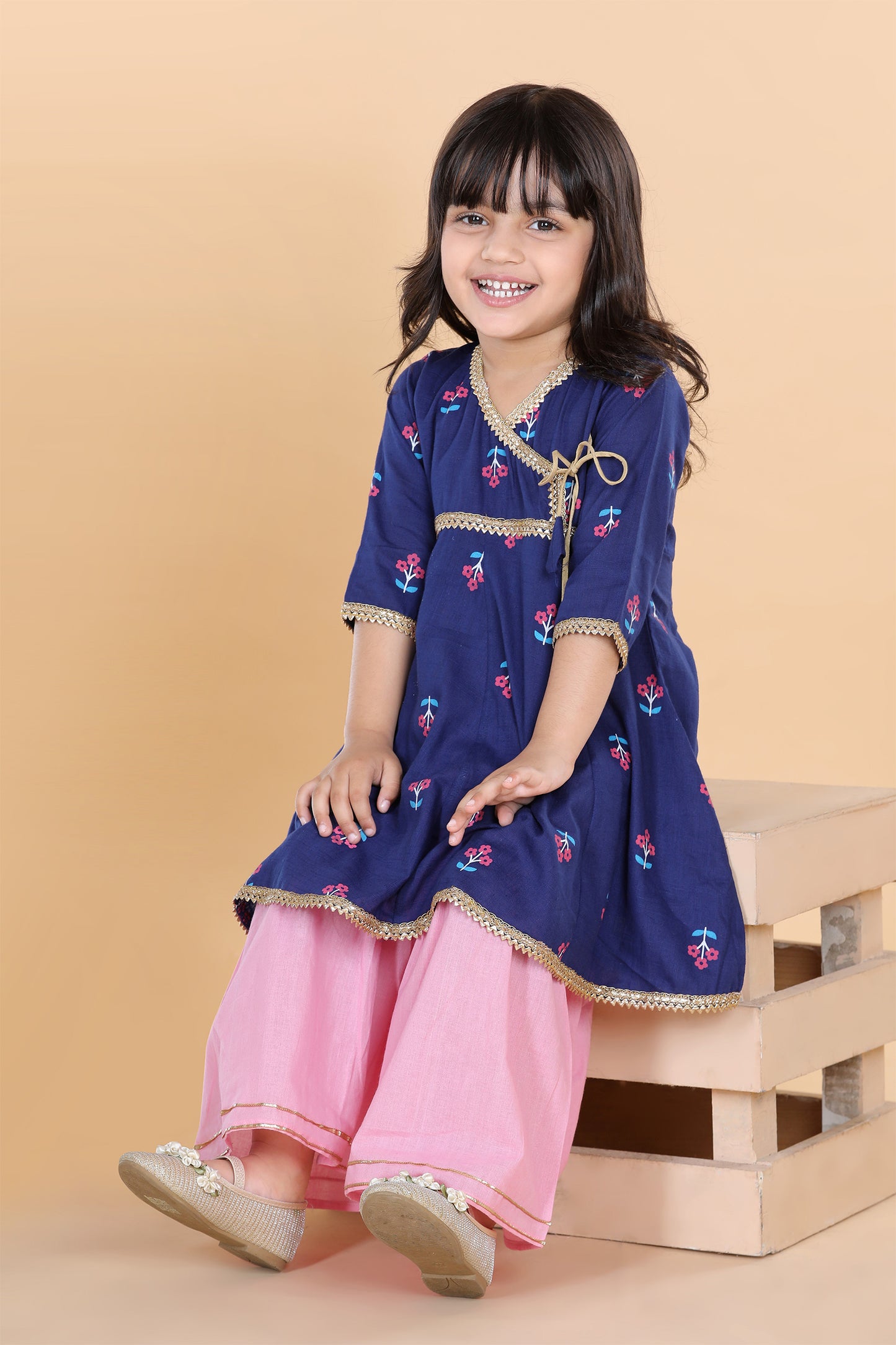 Kids Girls Blue Floral Print Pure Cotton Sharara