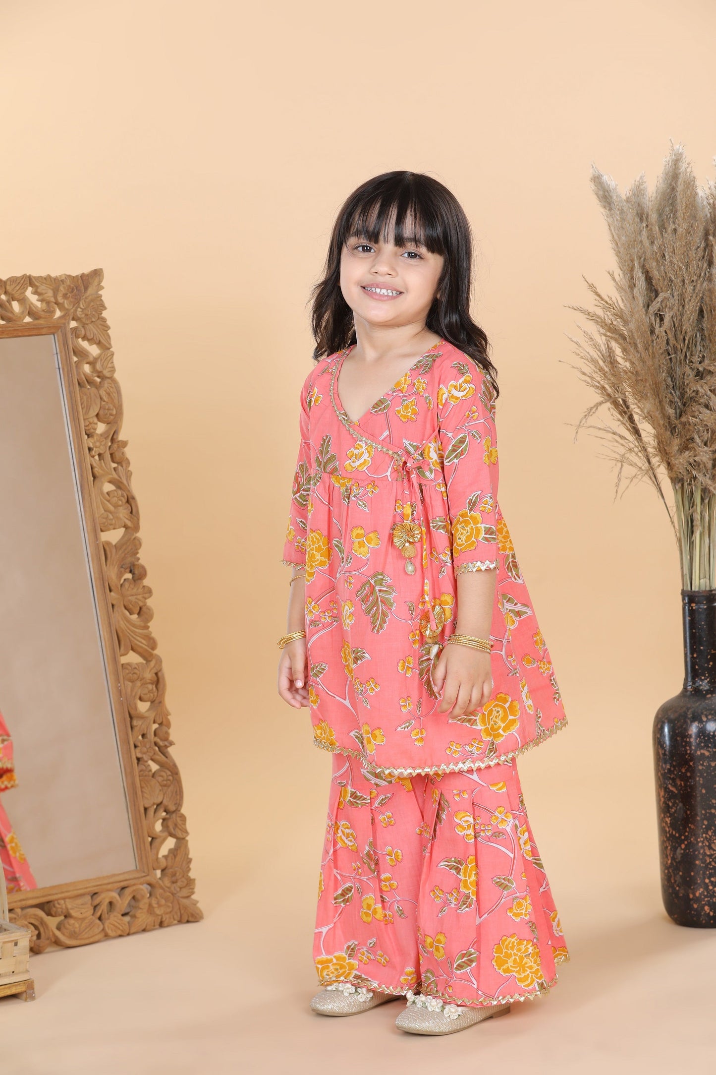 Kids Girls Peach Floral Print Pure Cotton Sharara