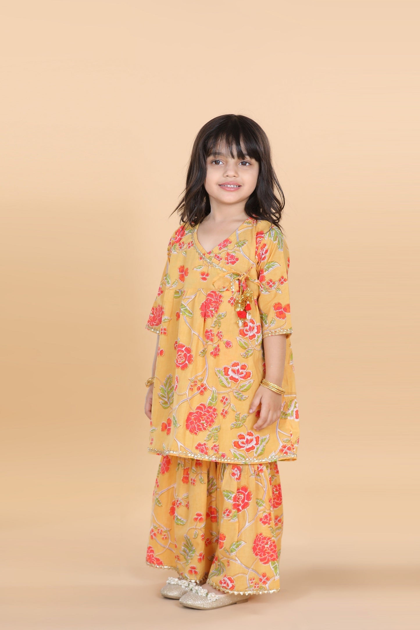 Girls Cotton Printed Yellow Floral Sharara Set