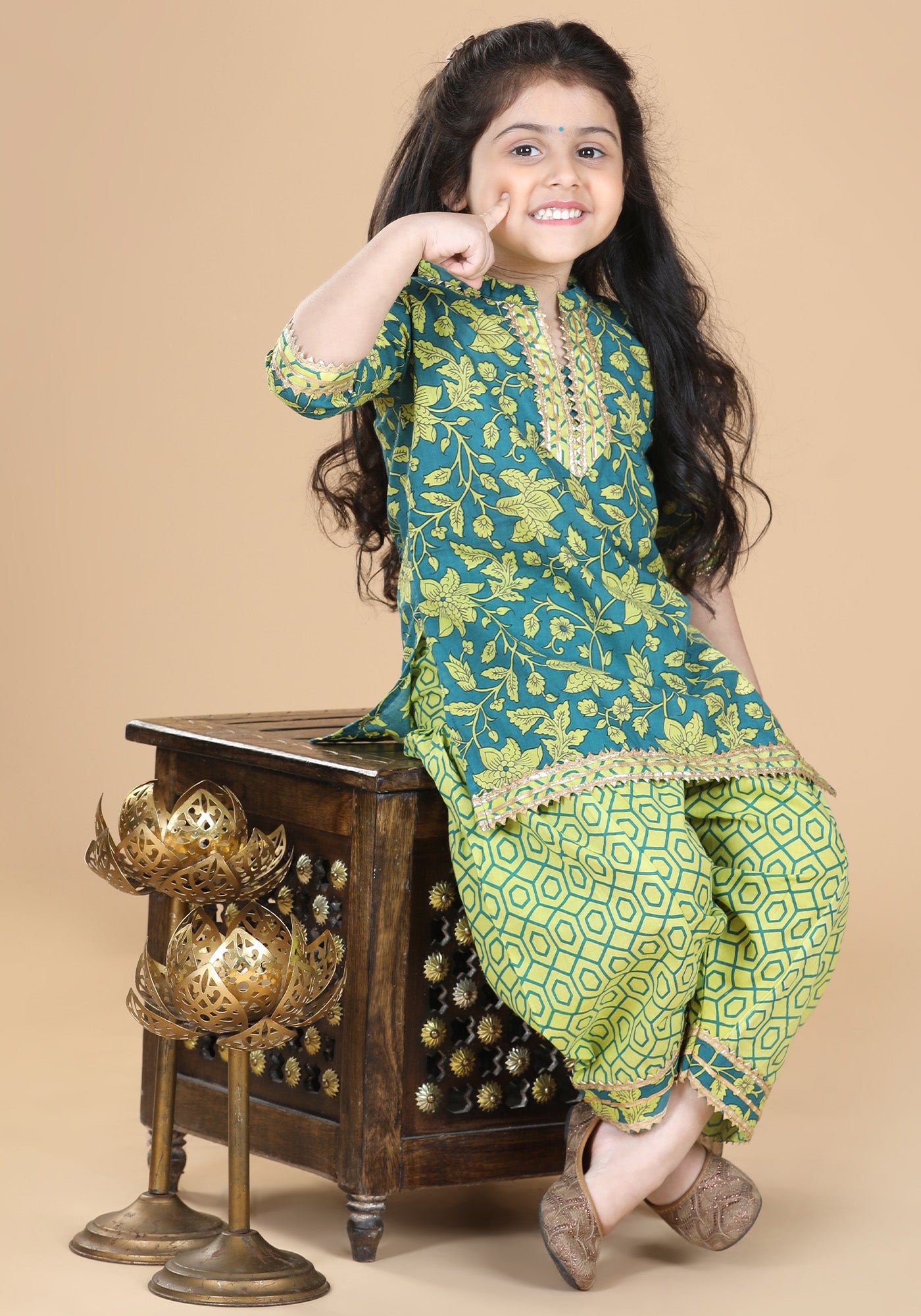 Girls Green Floral Print Pure Cotton Patiala Suit for Kids