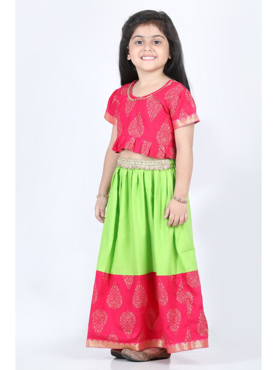Kids Girls Pink Block Print Cotton Blend Lehenga Choli