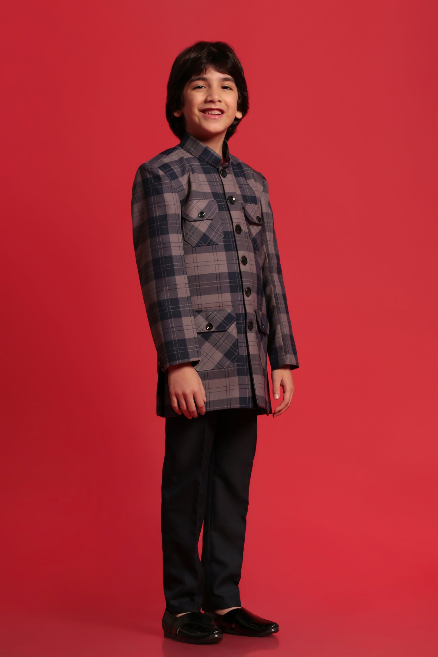 Kids Boys Navy Blue Checkered Cotton Blend Indo Western