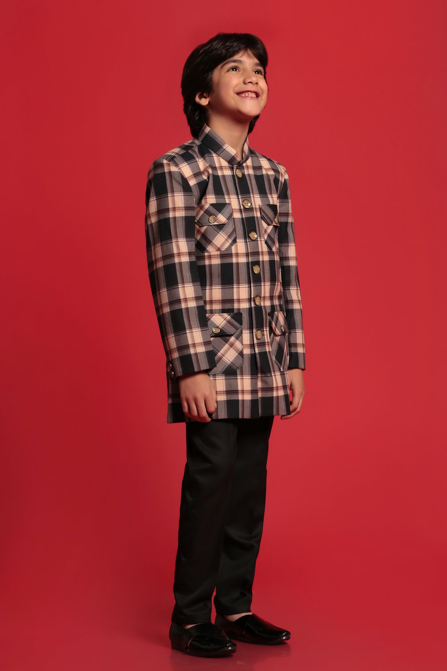Kids Boys Beige Checkered Cotton Blend Indo Western