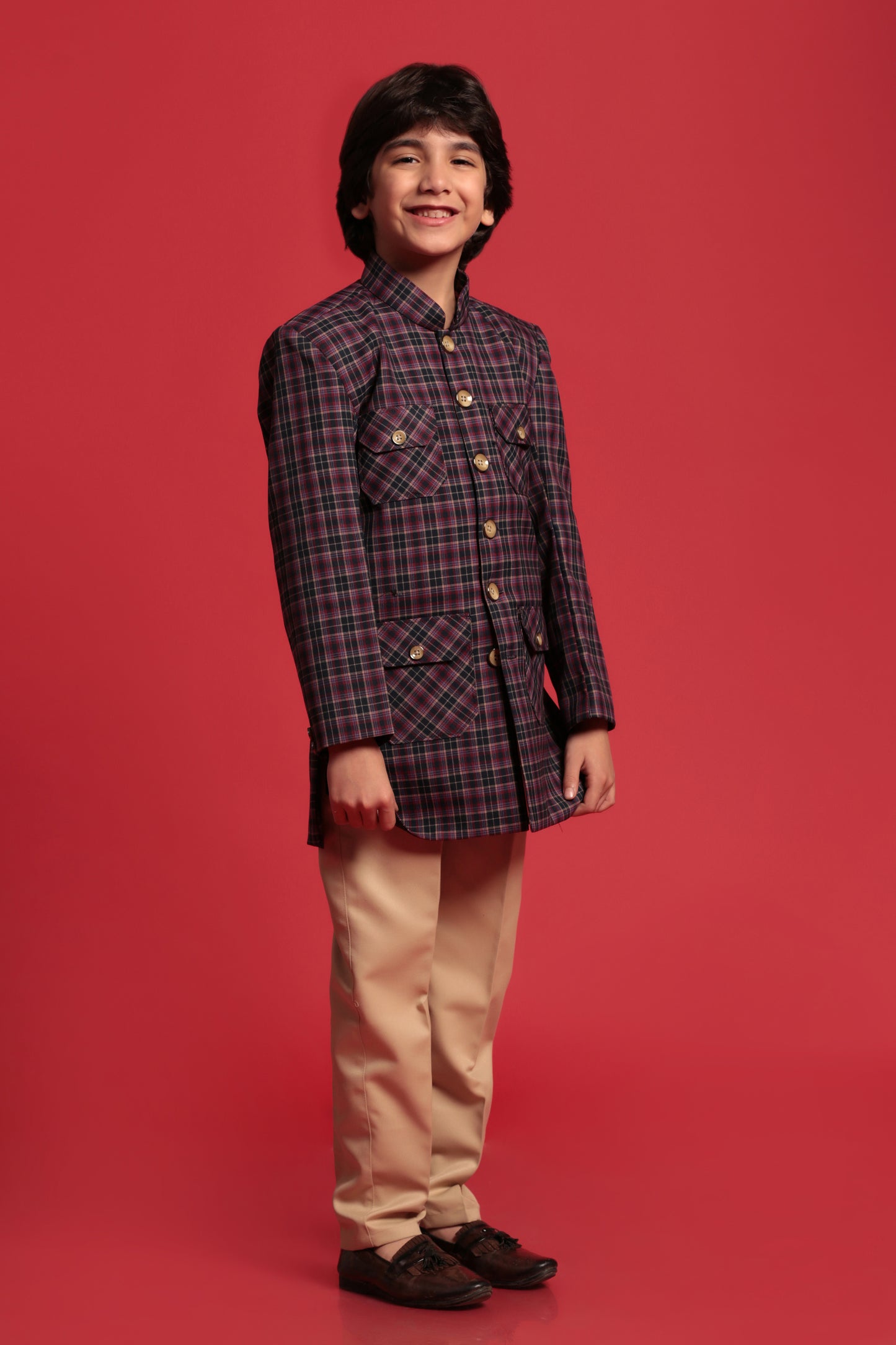 Kids Boys Purple Checkered Cotton Blend Indo Western