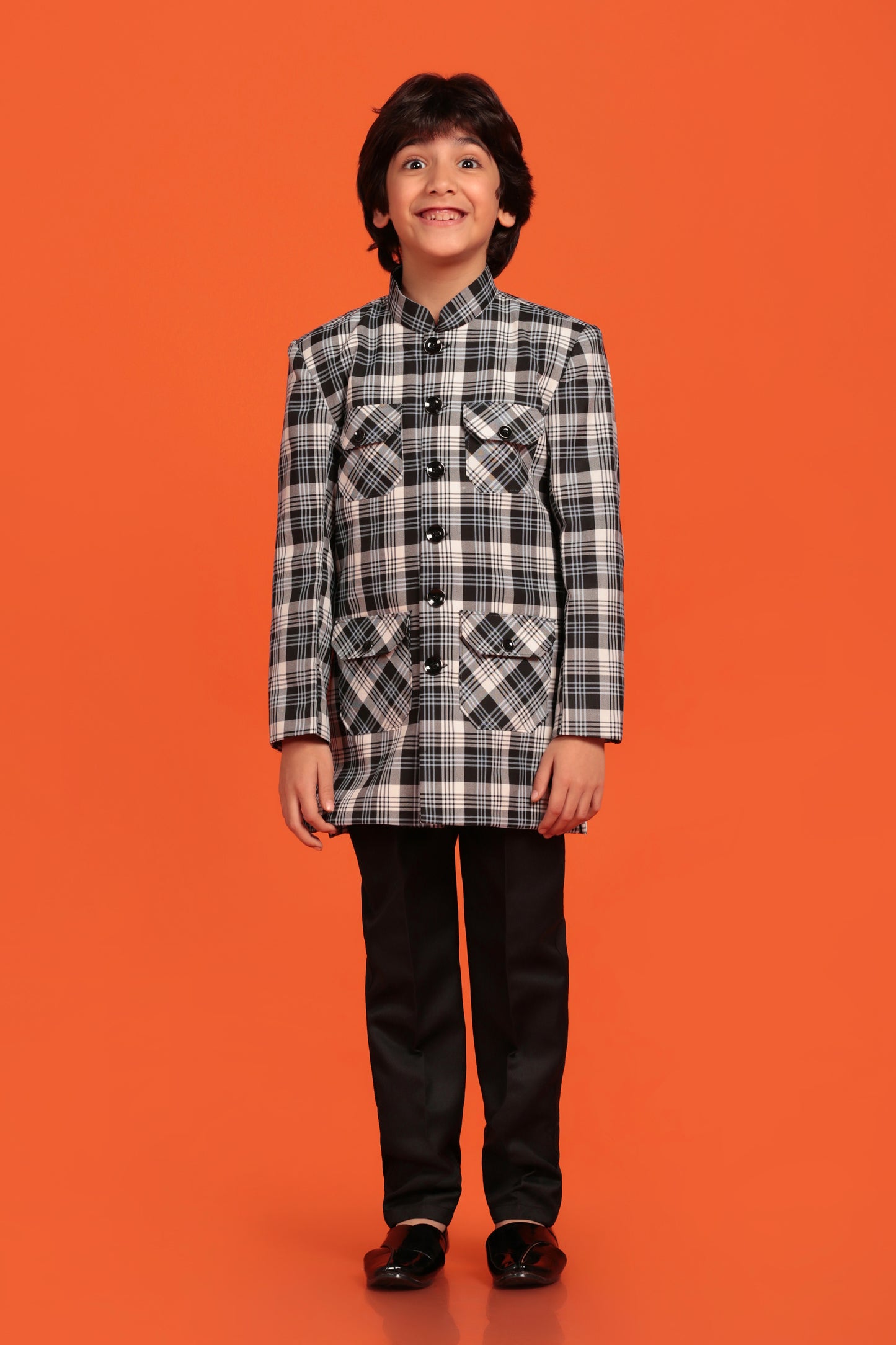 Kids Boys White Checkered Cotton Blend Indo Western