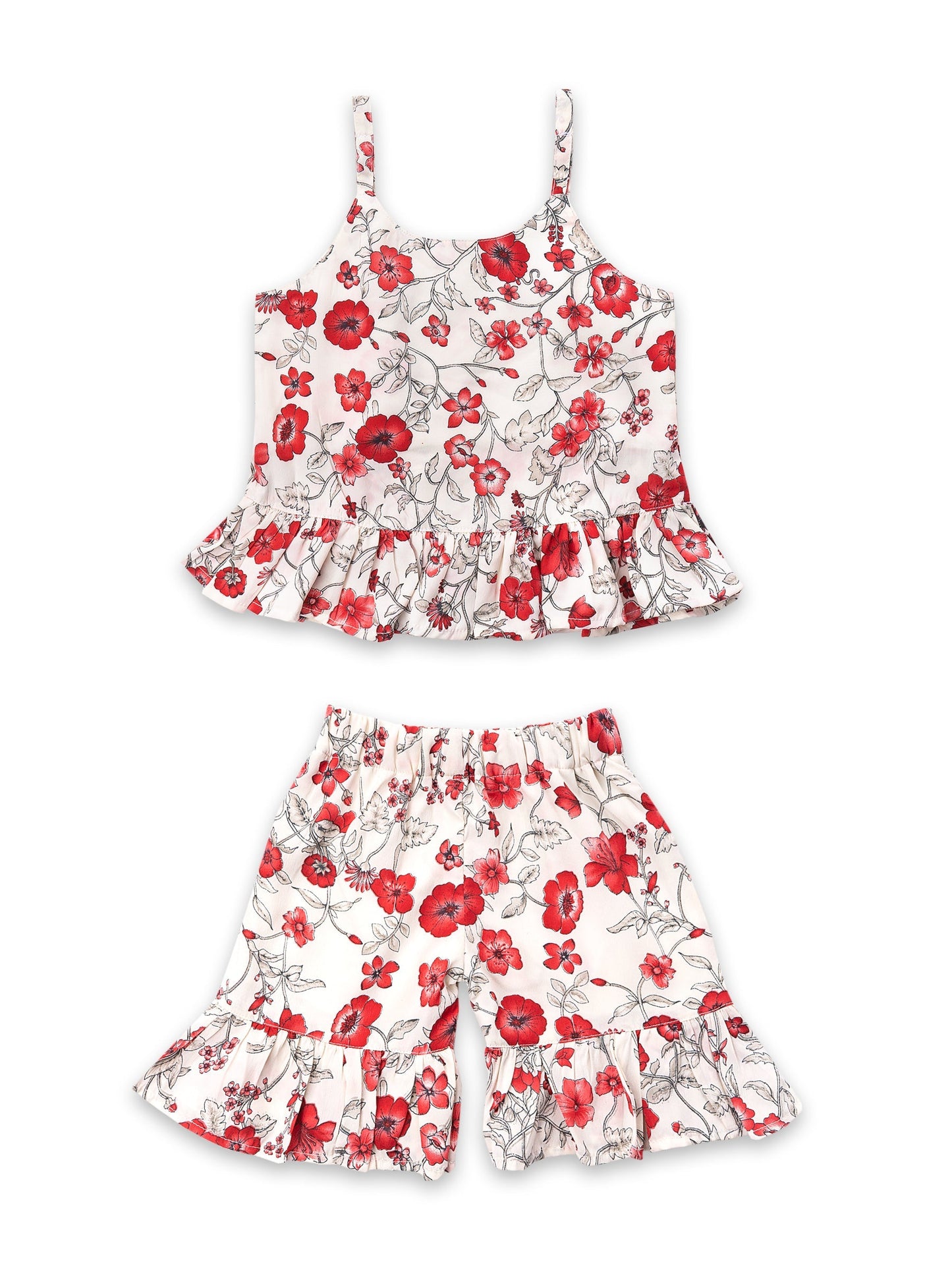 Kids Girls Red Floral Print Georgette Top & Bottom Set