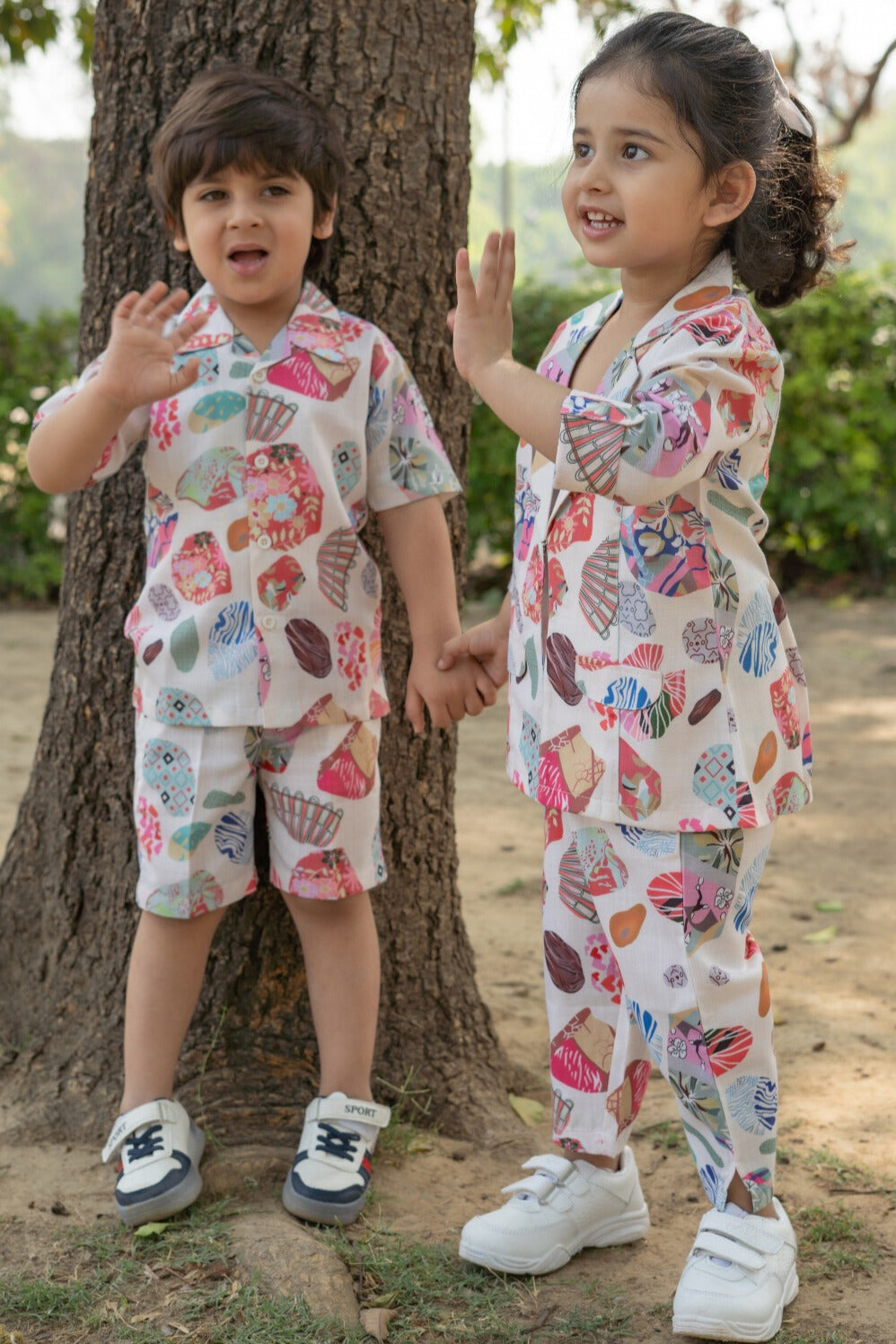 Boys Pure Cotton shirts with Shorts and Girls Crop Top With Trousers & Jacket Sibling Co Ords sets-Pink