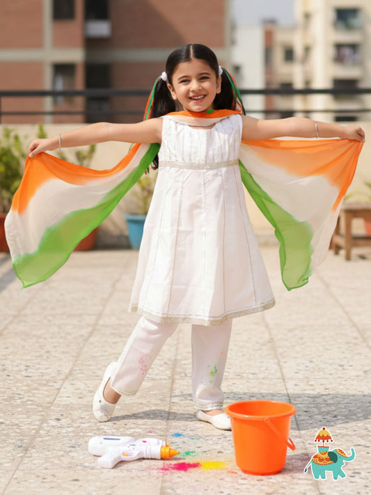 Holi White Cotton Sleeveless Gotta Work Girls Suit Set For Independence Day/ Republic Day