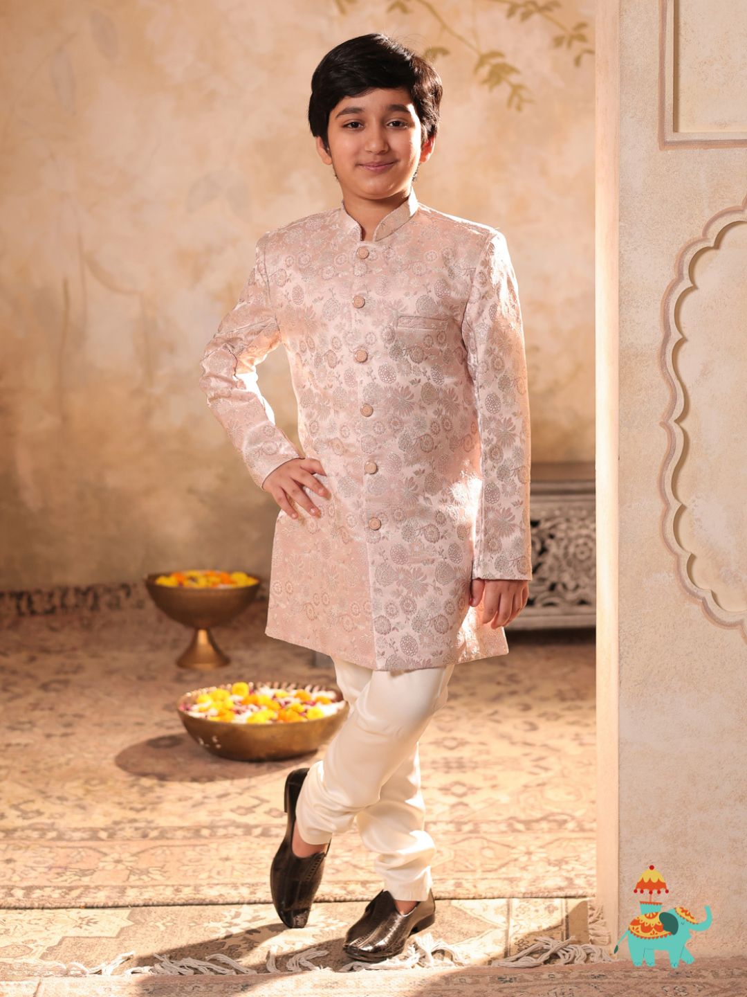AJ Dezines Pink Jacquard Full Sleeves Rich Floral Embroidery Sherwani