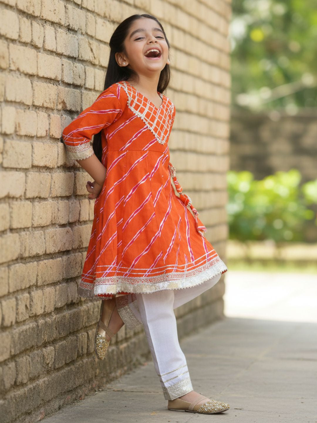 Kids Girls Orange Embroidered Cotton Suit Set