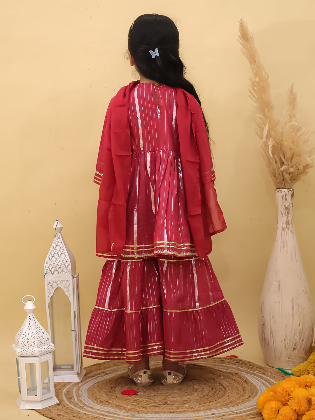 Maroon Cotton Sleeveless Lurex and Gotta Work Girls Suit Set