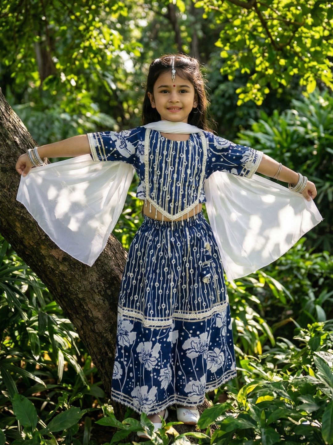 Girls Blue Cotton Half-Sleeves Floral Printed Lehenga Choli