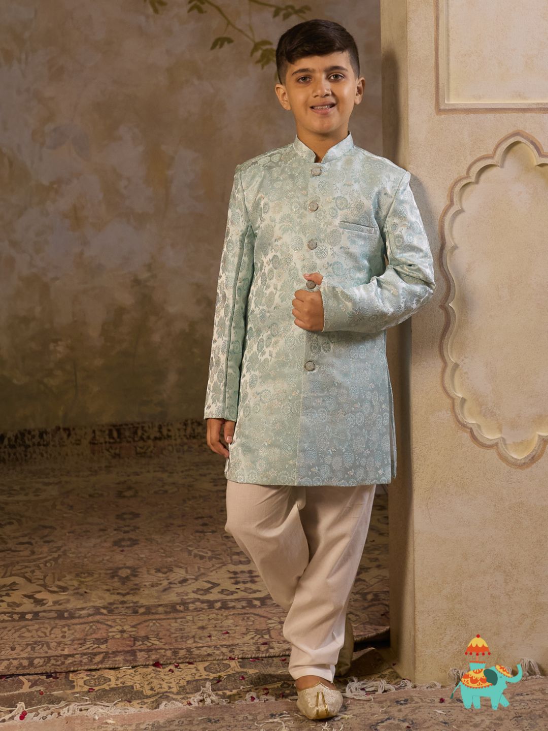 Sky Blue Jacquard Full Sleeves Rich Floral Embroidery Sherwani