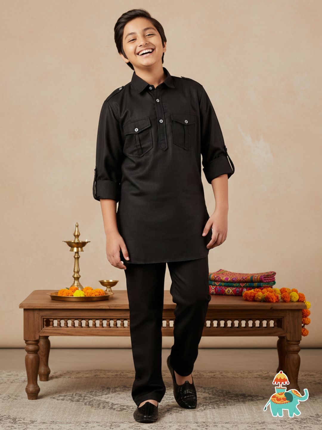 Boys Black Solid Cotton Blend Pathani Suit Set for Kids