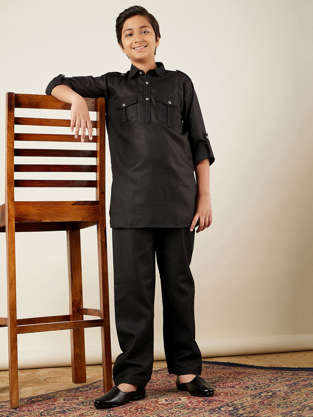 Kids Boys Black Solid Cotton Blend Pathani Suit