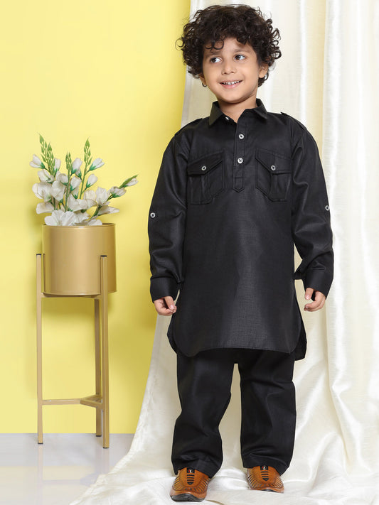 Boys Black Cotton Solid Pathani Suit