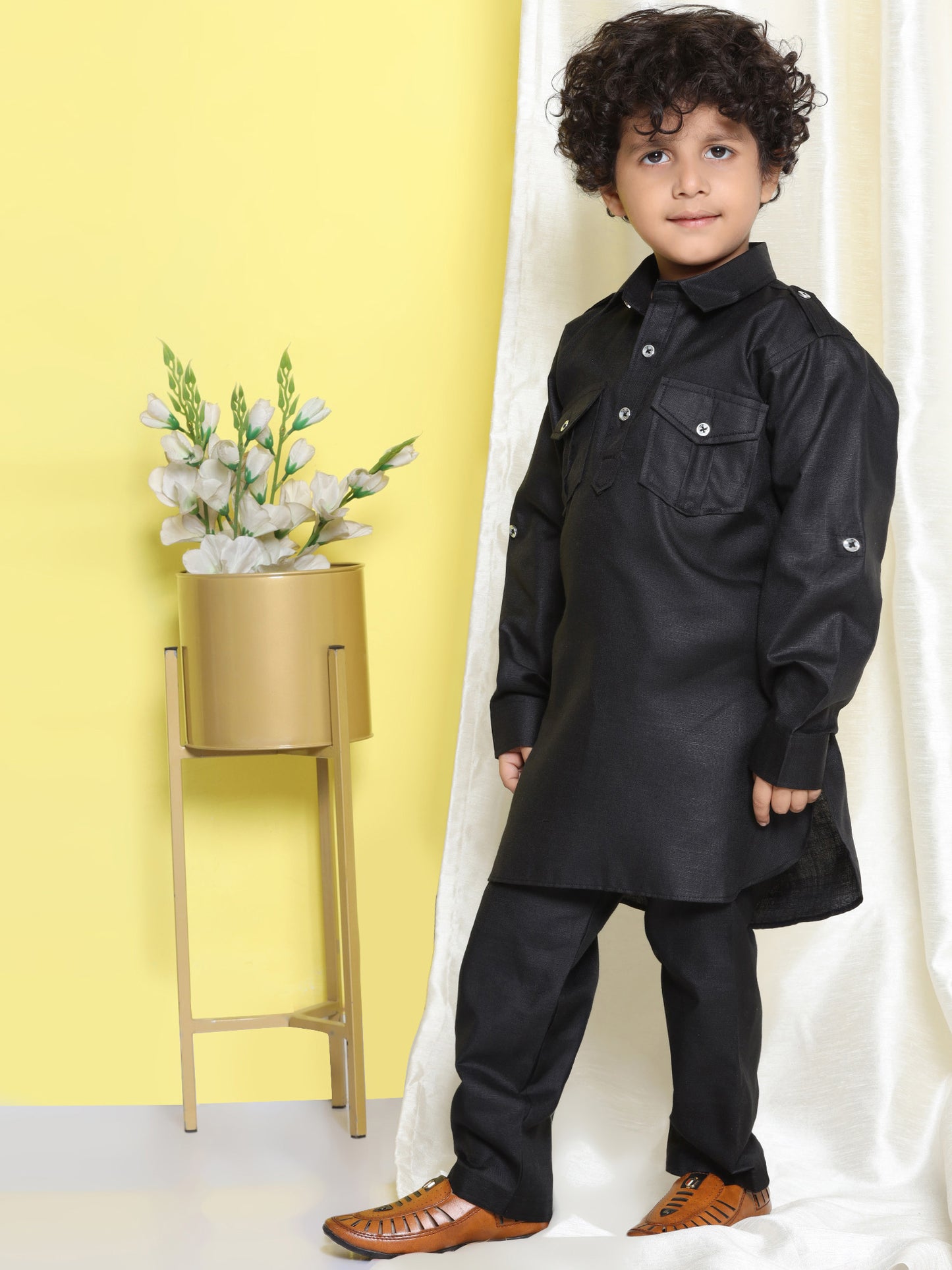 Kids Boys Black Solid Cotton Blend Pathani Suit