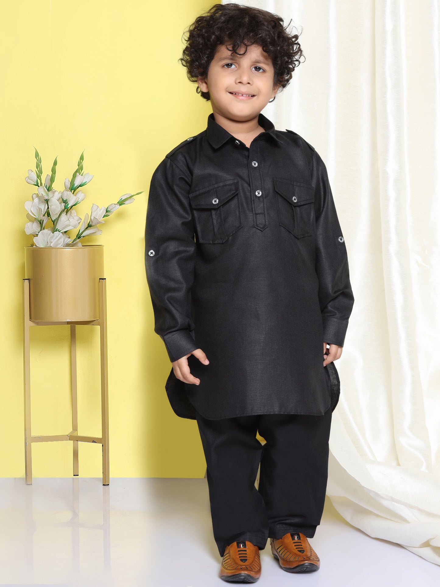 Kids Boys Black Solid Cotton Blend Pathani Suit