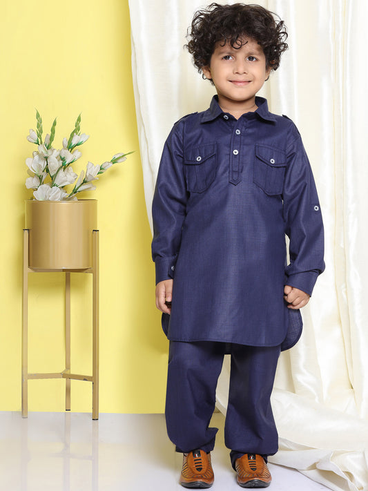 Kids Boys Blue Solid Cotton Blend Pathani Suit