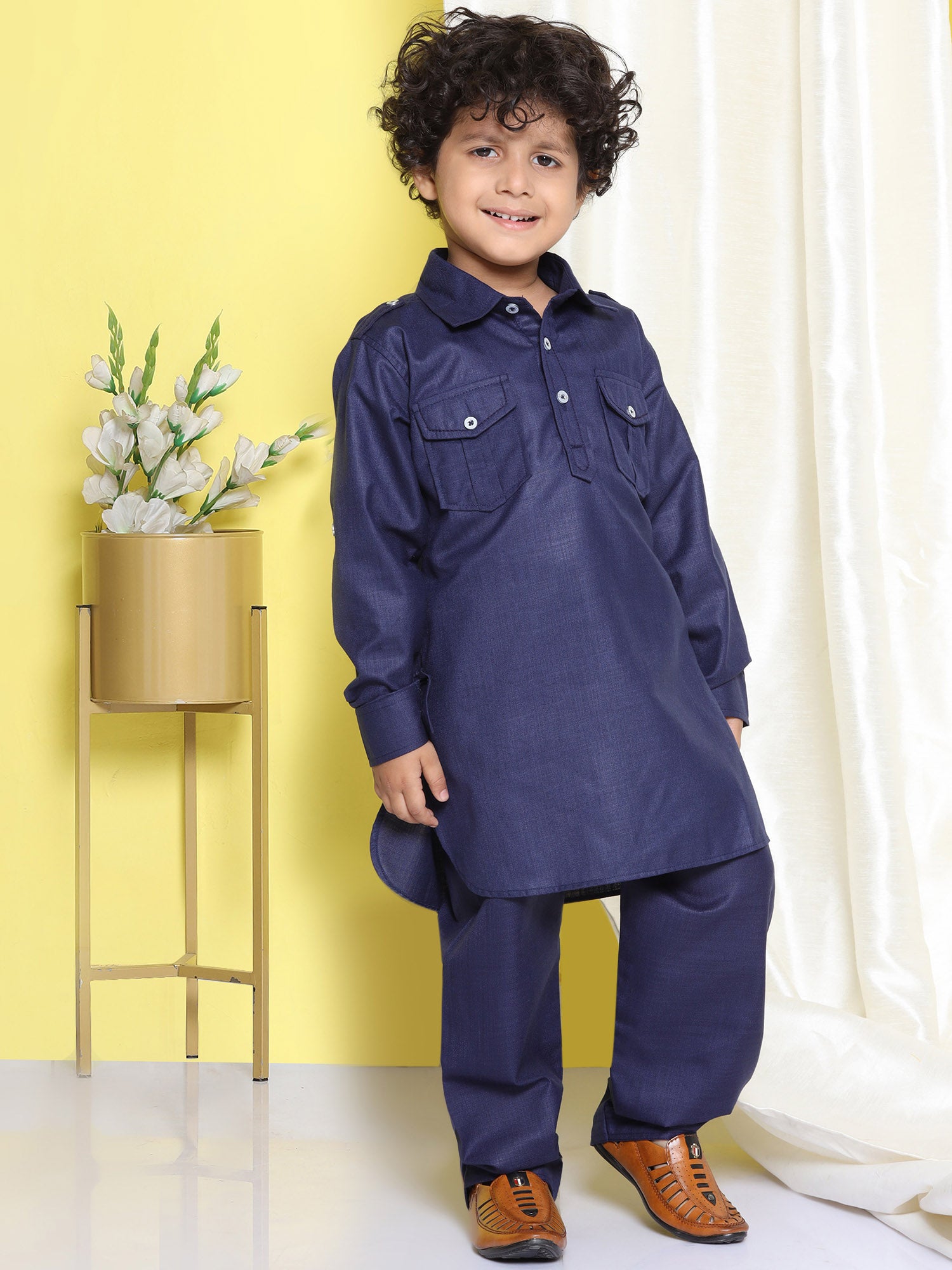 Boys Blue Solid Cotton Blend Pathani Suit Set for Kids