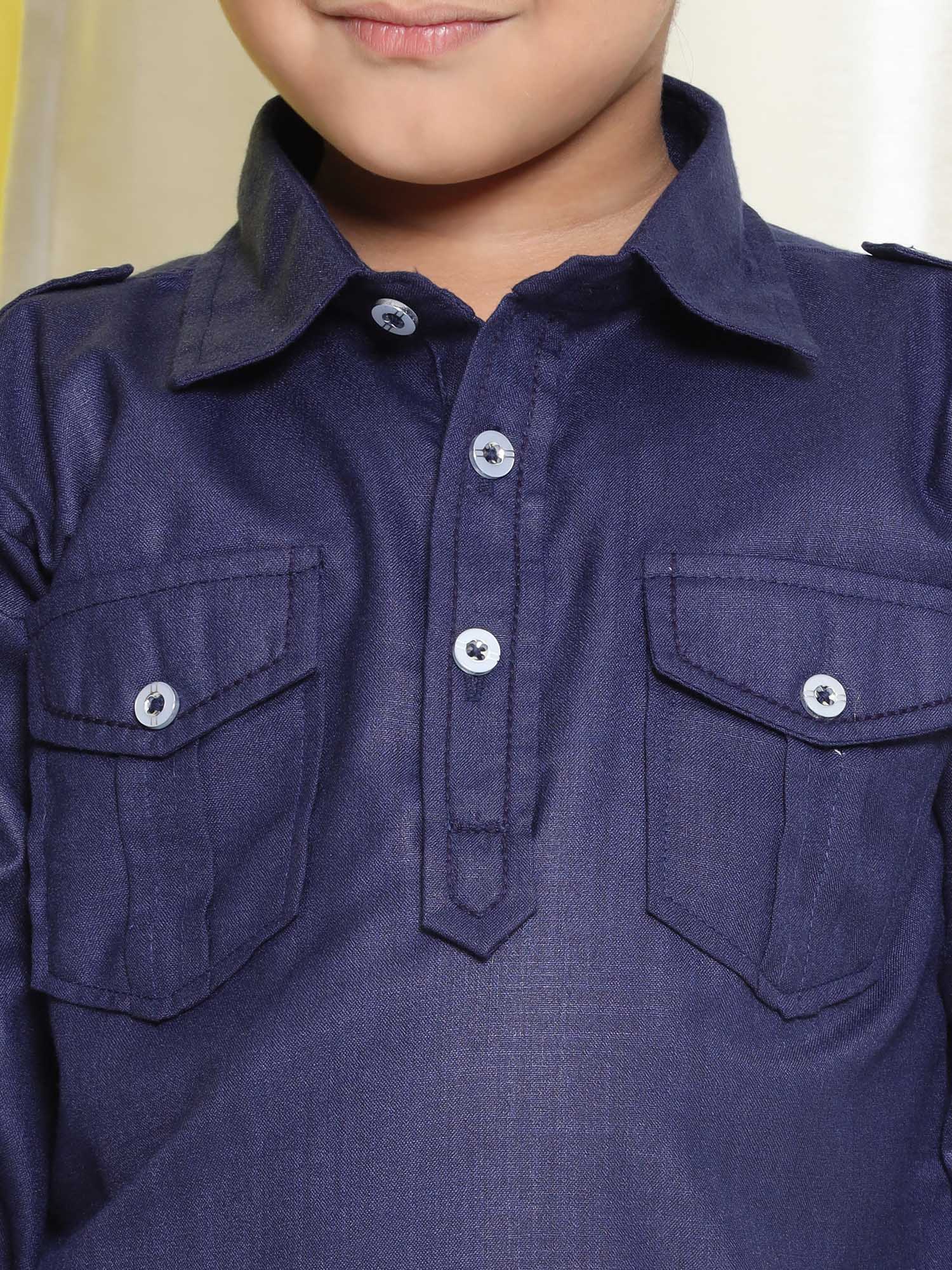 Boys Blue Solid Cotton Blend Pathani Suit Set for Kids