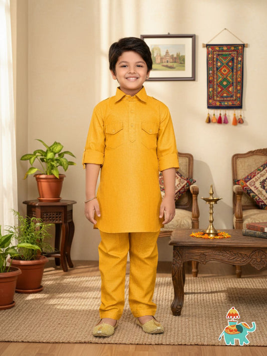 Boys Mustard Solid Cotton Blend Pathani Suit Set for Kids