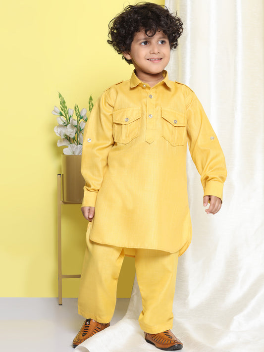 Kids Boys Mustard Solid Cotton Blend Pathani Suit