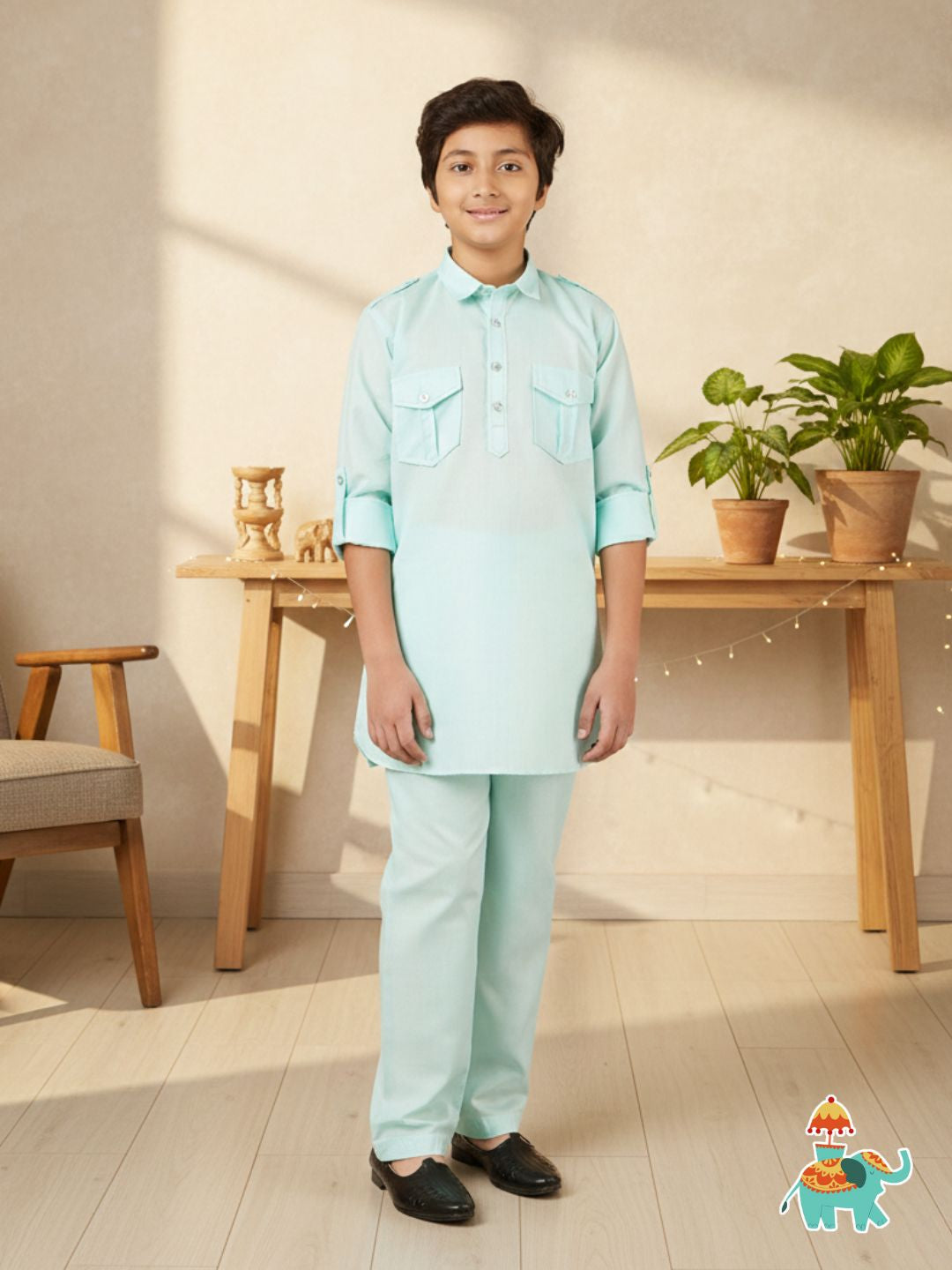 Boys Sky Blue Solid Cotton Blend Pathani Suit Set for Kids