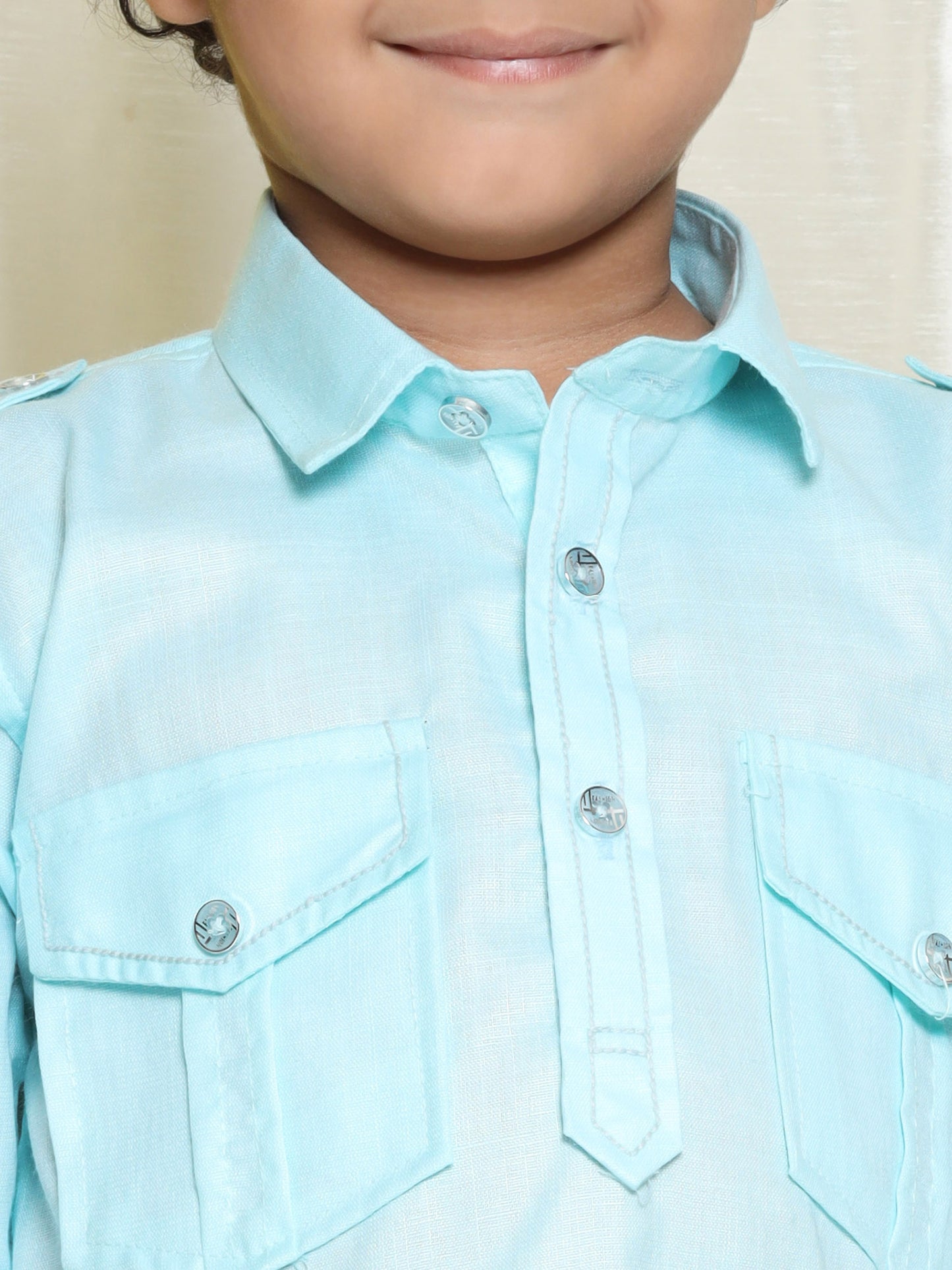 Kids Boys Sky Solid Cotton Blend Pathani Suit