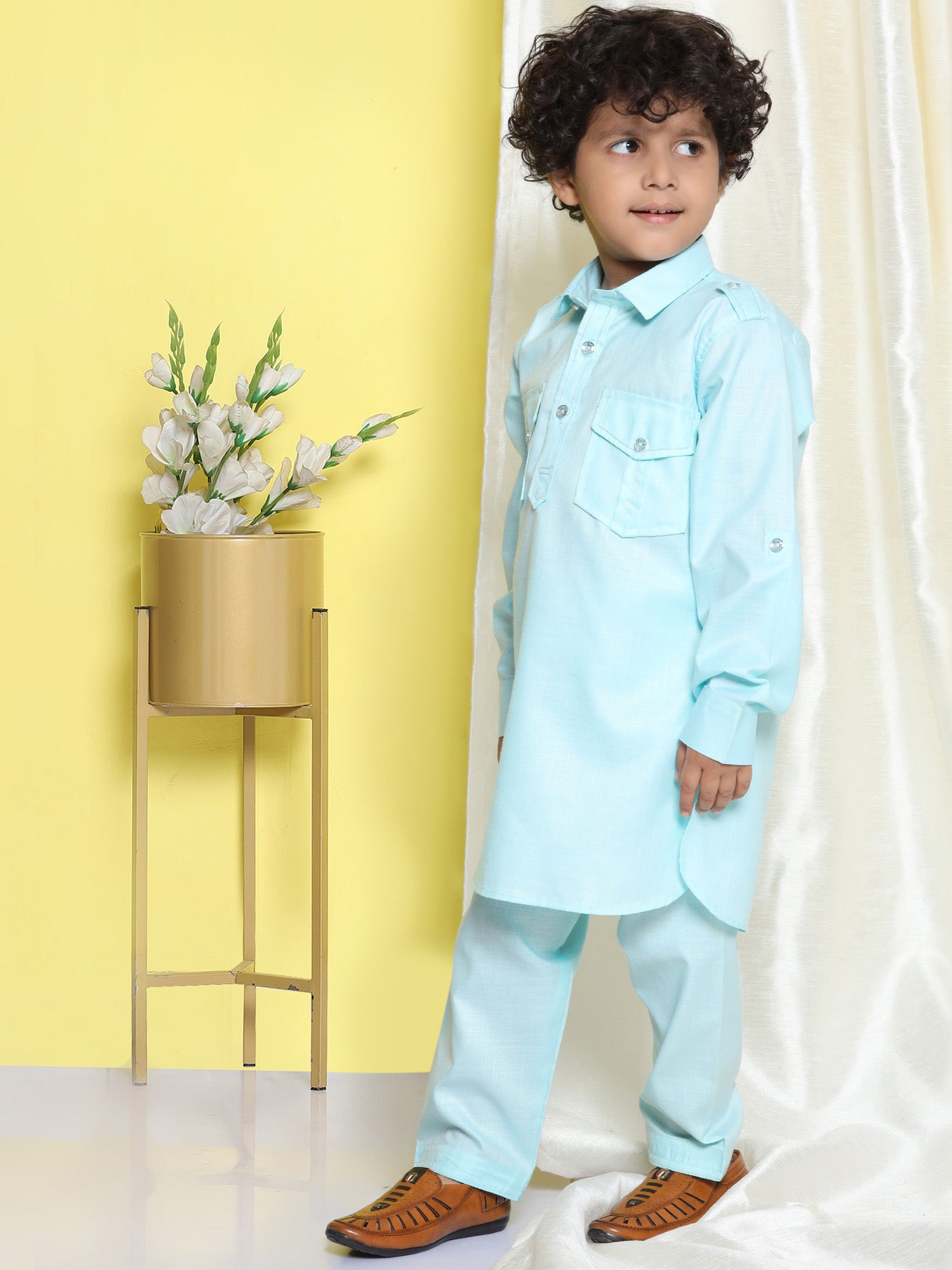 Boys Sky Blue Solid Cotton Blend Pathani Suit Set for Kids - AJ Dezines