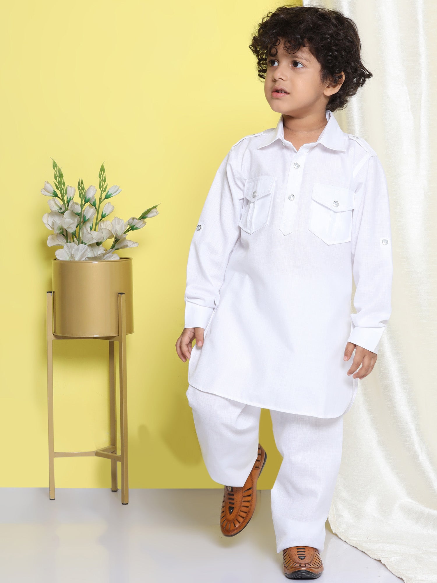 Holi Boys White Solid Cotton Blend Pathani Suit Set for Kids