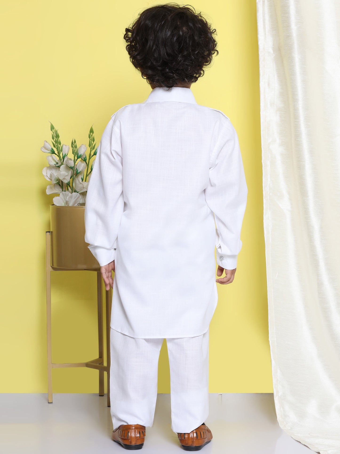 Kids Boys White Solid Cotton Blend Pathani Suit