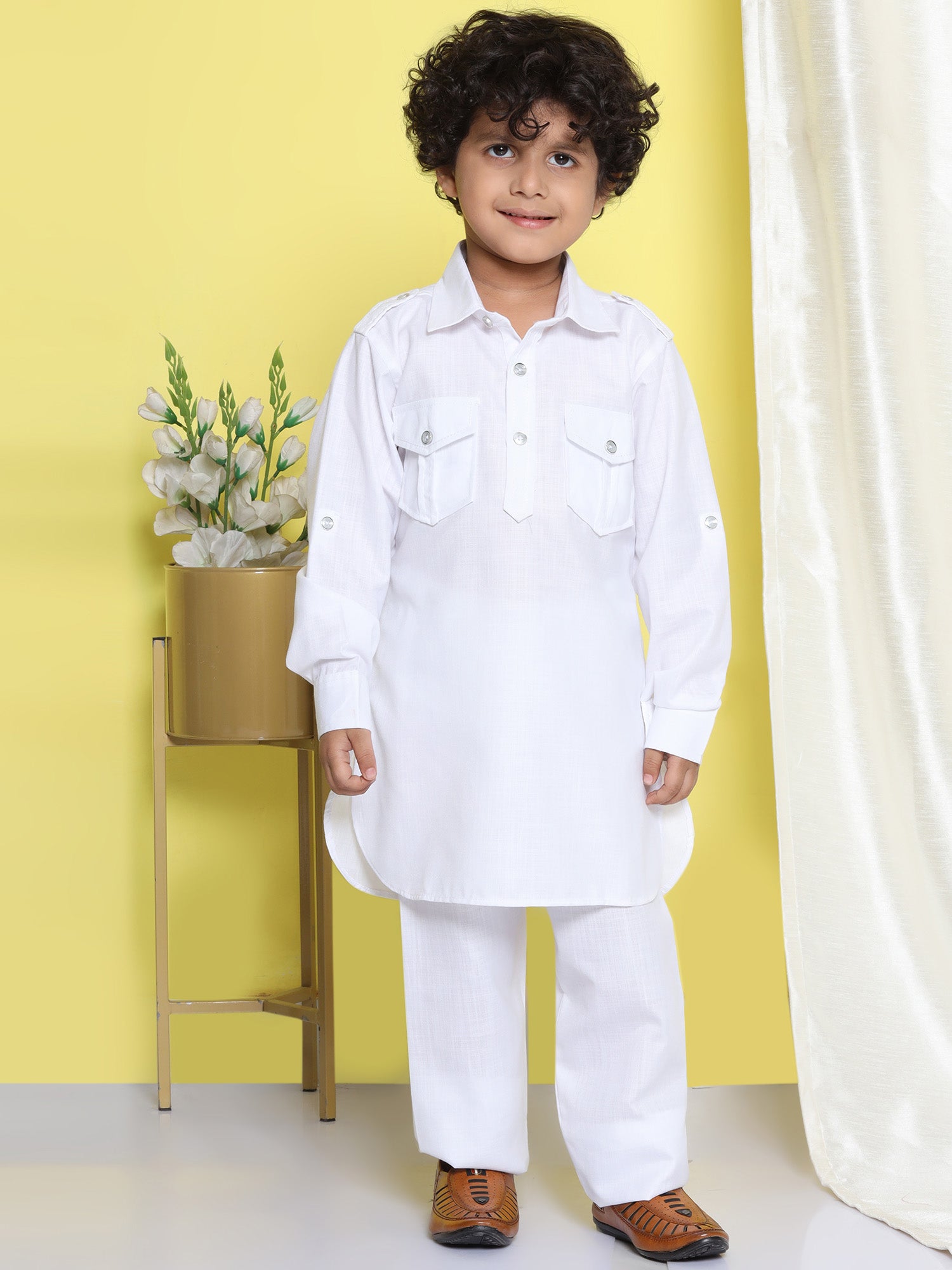 Holi Boys White Solid Cotton Blend Pathani Suit Set for Kids
