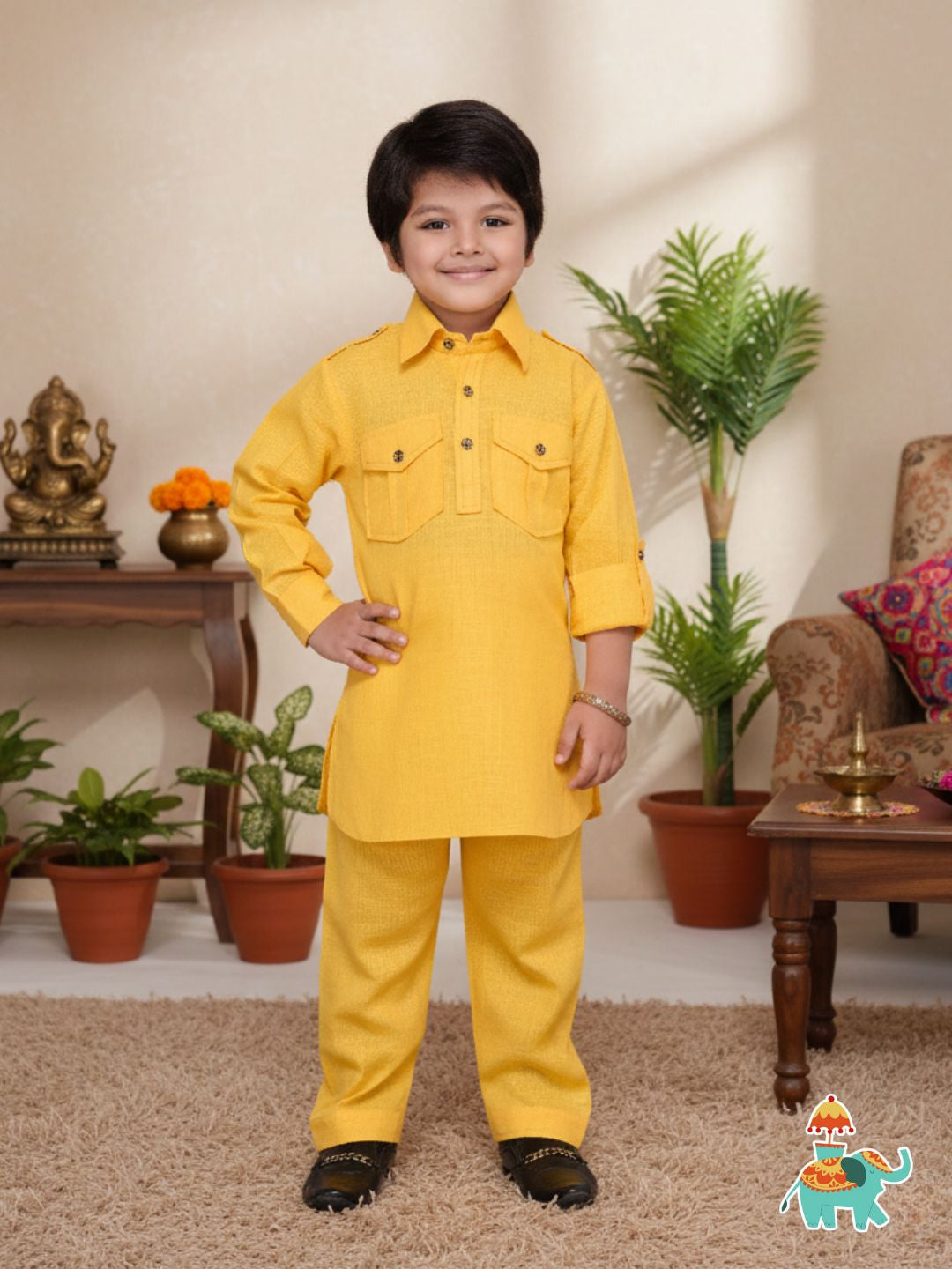 Boys Yellow Solid Cotton Blend Pathani Suit Set for Kids - AJ Dezines
