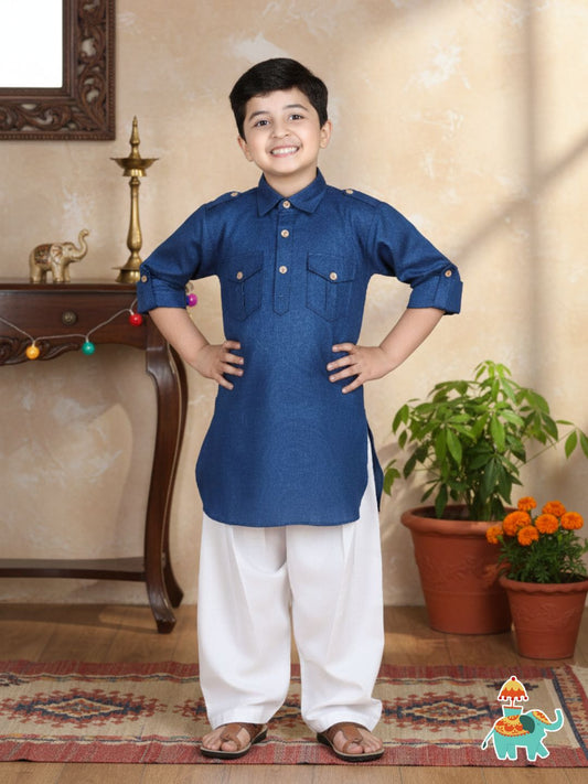 Boys Blue Solid Cotton Pathani Suit for Kids