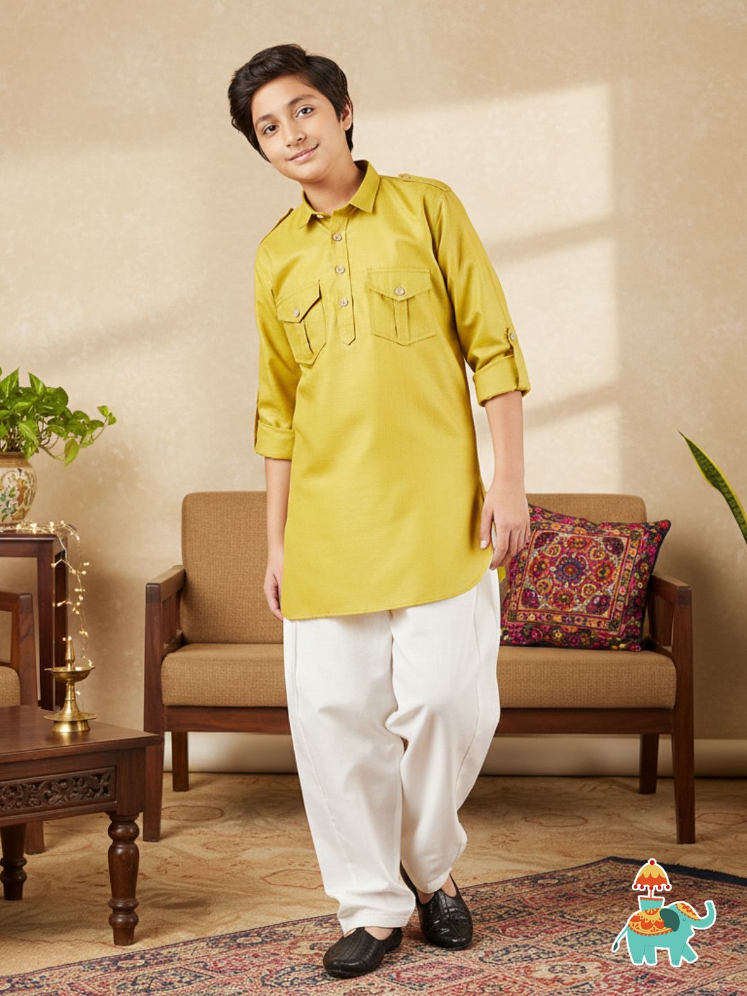 Boys Green Solid Cotton Pathani Suit for Kids