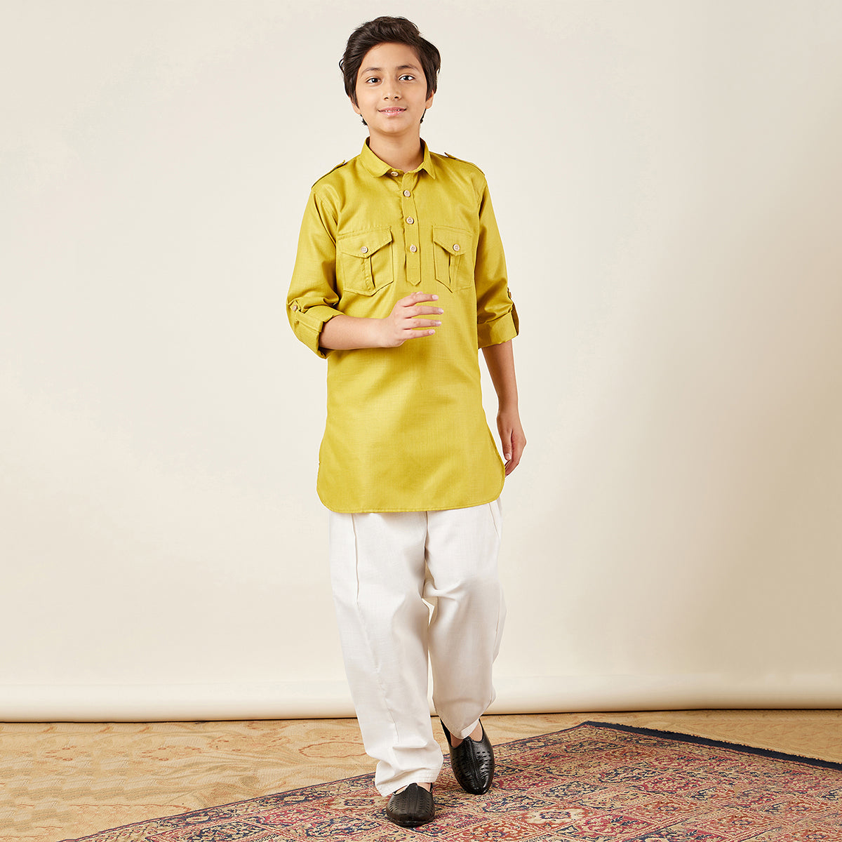 Kids Boys Green Solid Cotton Pathani Suit