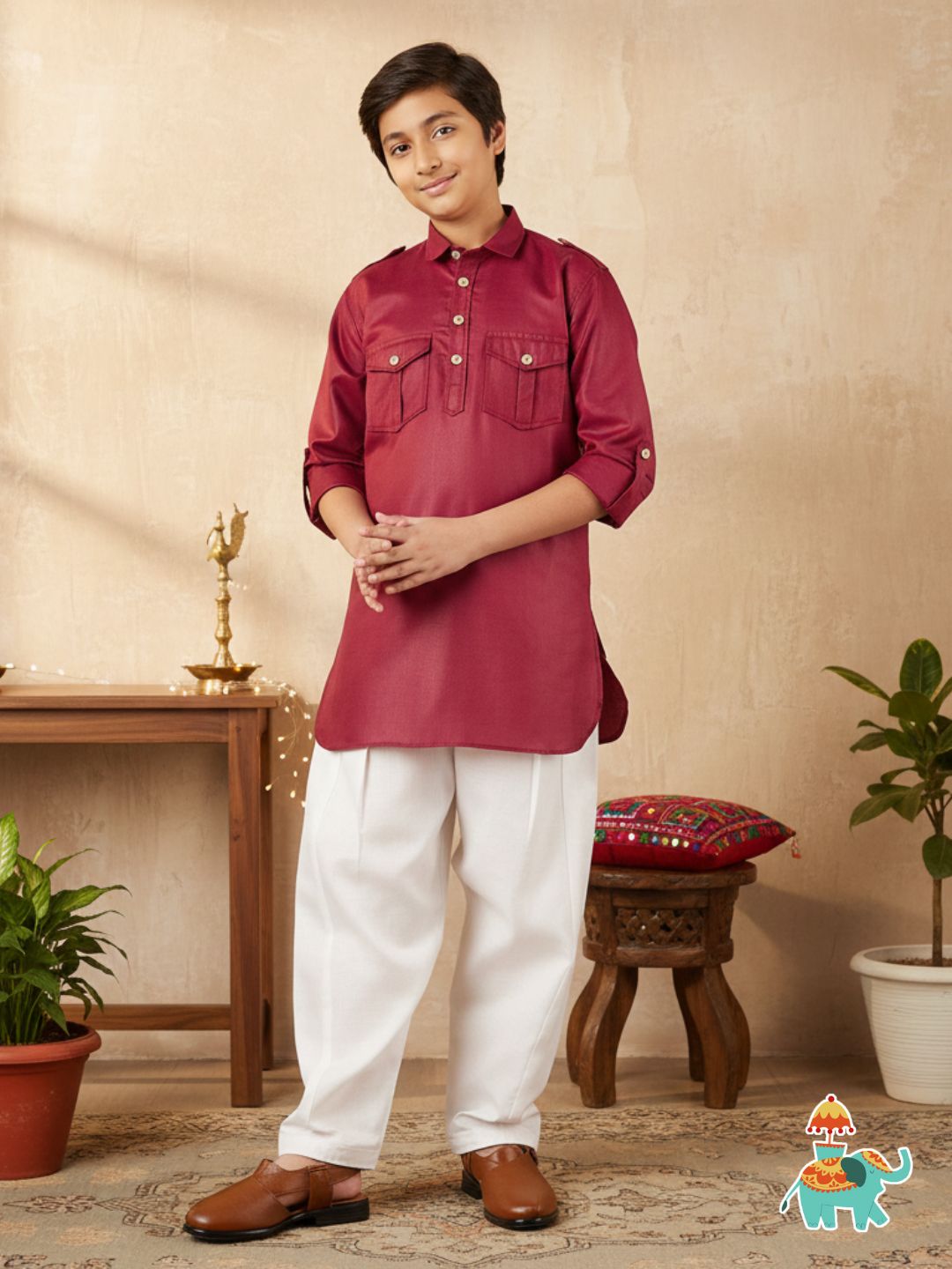 Boys Maroon Solid Cotton Pathani Suit for Kids