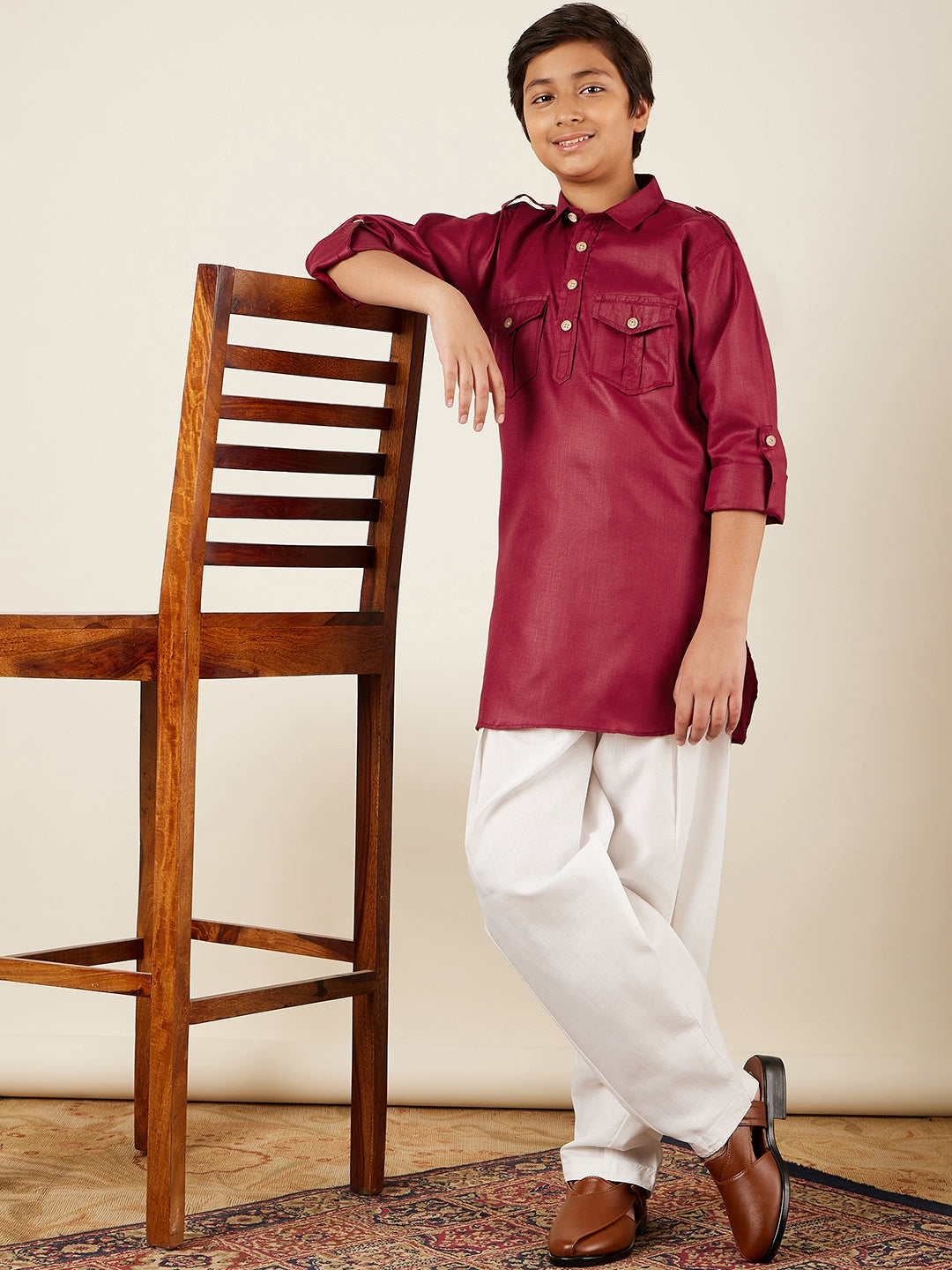 Kids Boys Maroon Solid Cotton Pathani Suit
