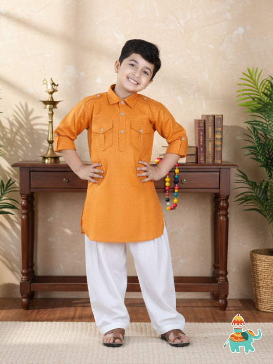 Boys Orange Solid Cotton Pathani Suit for Kids