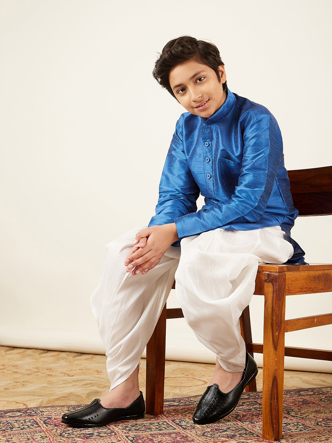 Kids Boys Blue Solid Silk Blend Kurta Pyjama Set