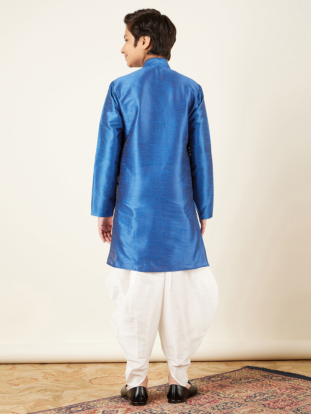 Kids Boys Blue Solid Silk Blend Kurta Pyjama Set