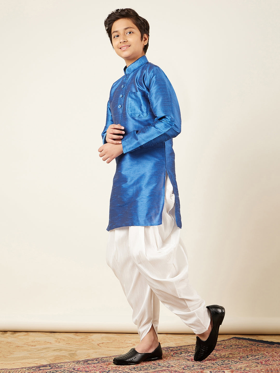 Kids Boys Blue Solid Silk Blend Kurta Pyjama Set